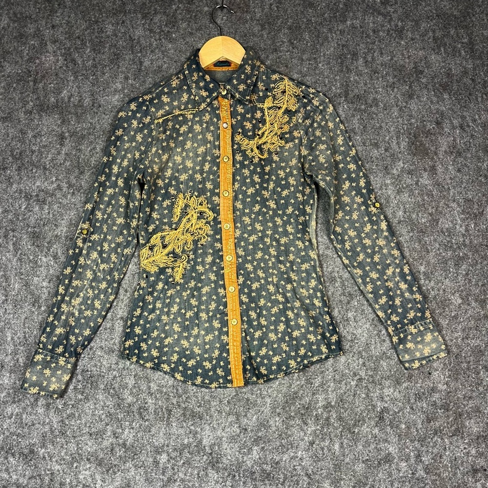 Destined to Roar Blue Bell Button Down Embellished Long Sleeve Shirt Size S